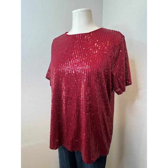 Burgundy Sequin Top Short Sleeve Size Large - Picture 2 of 4